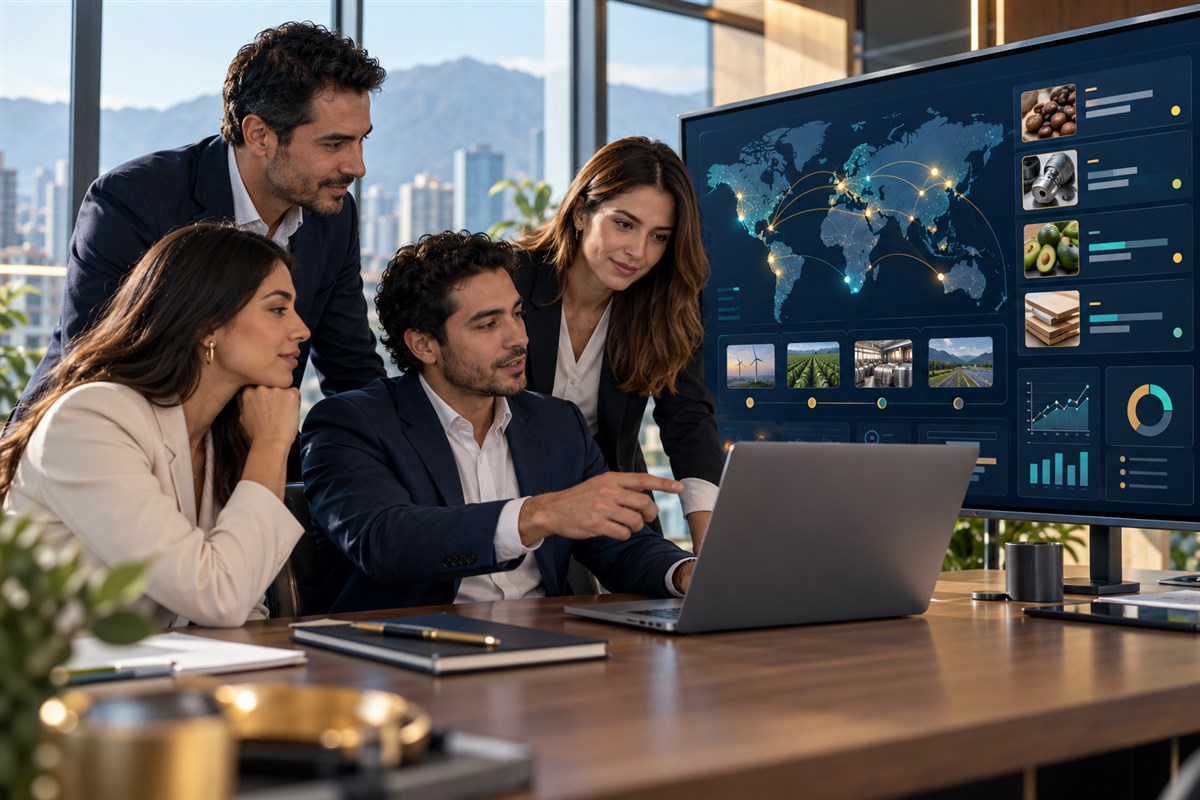 Equipo empresarial analizando proveedores y oportunidades comerciales
